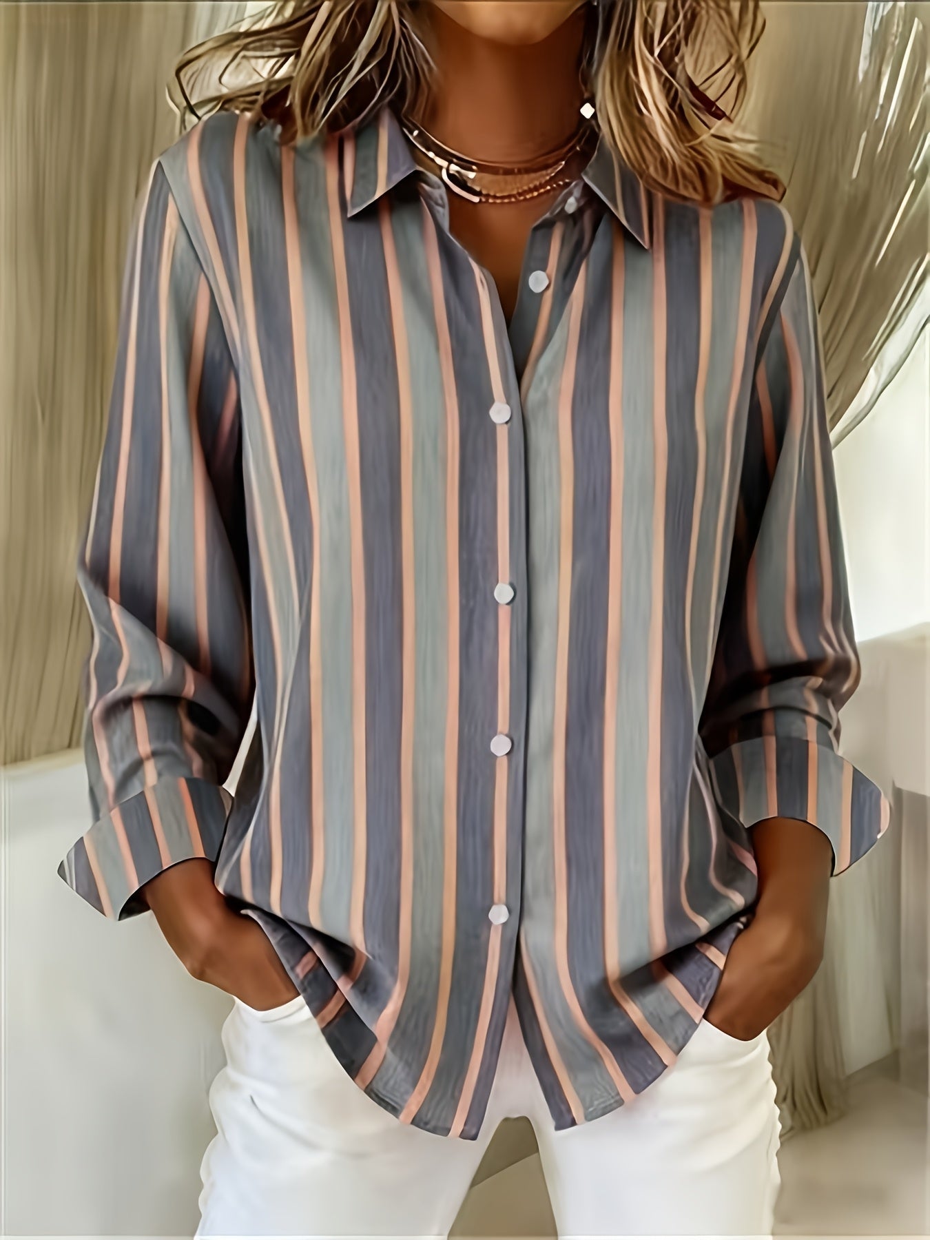 Qirexa - Dames Overhemd met Verticale Strepen, Ruime Pasvorm, Knopjes, Casual Stijl