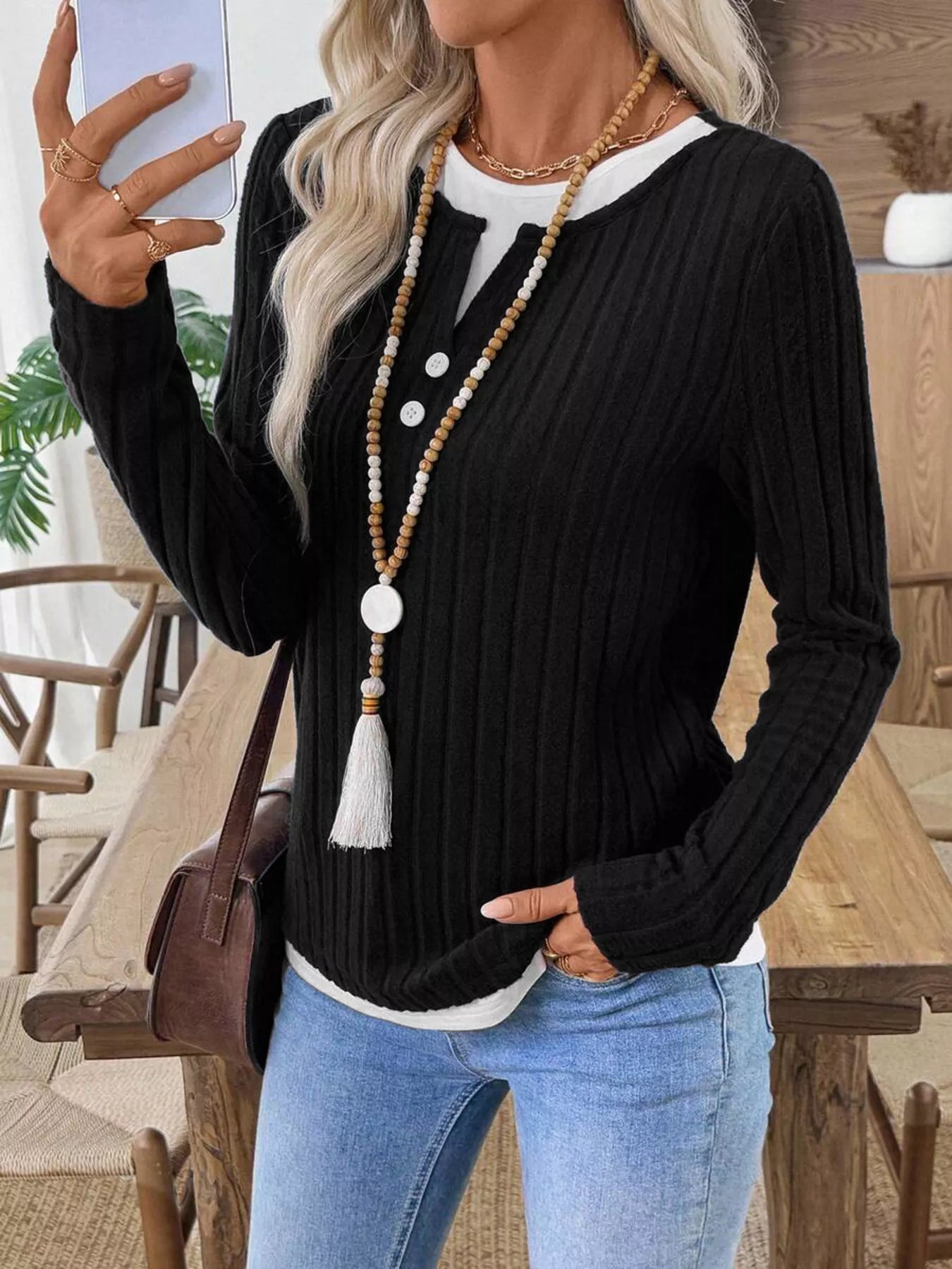 Kalivianne - Geribbelde Winter T-shirt met Lange Mouwen