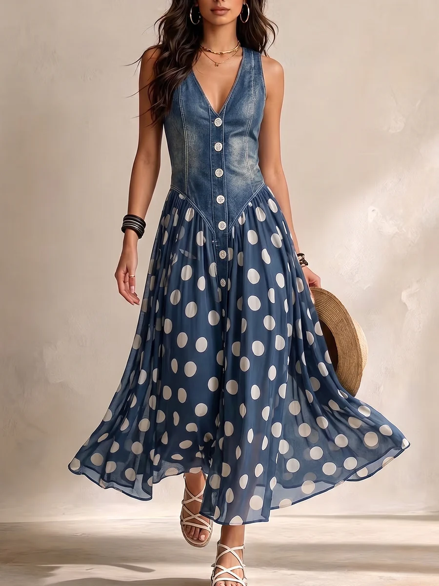Elviane - Mouwloze denim jurk met een vloeiende stippenrok