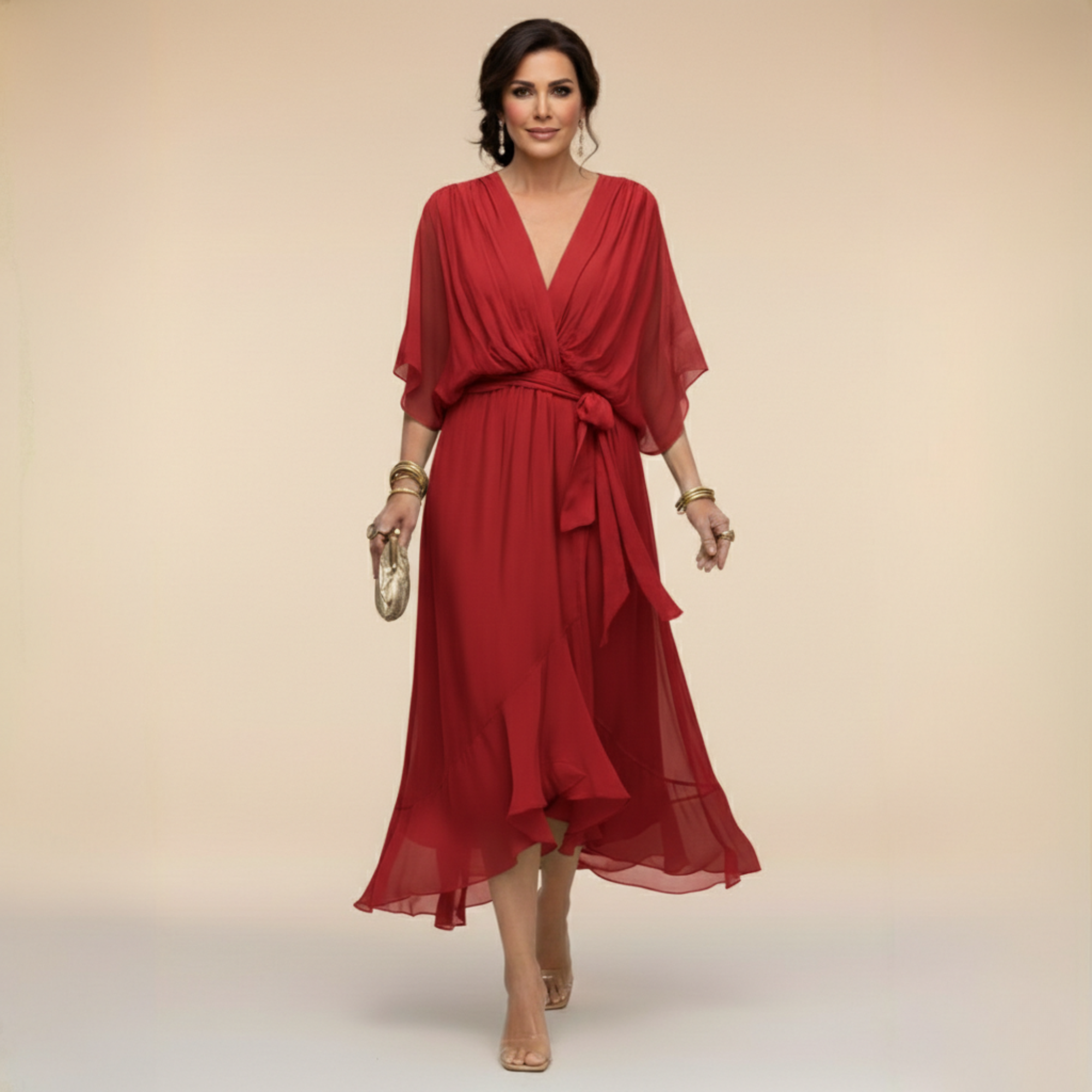 Lazira - Midi jurk voor vrouwen met V-hals, ruime mouwen en elegante riem