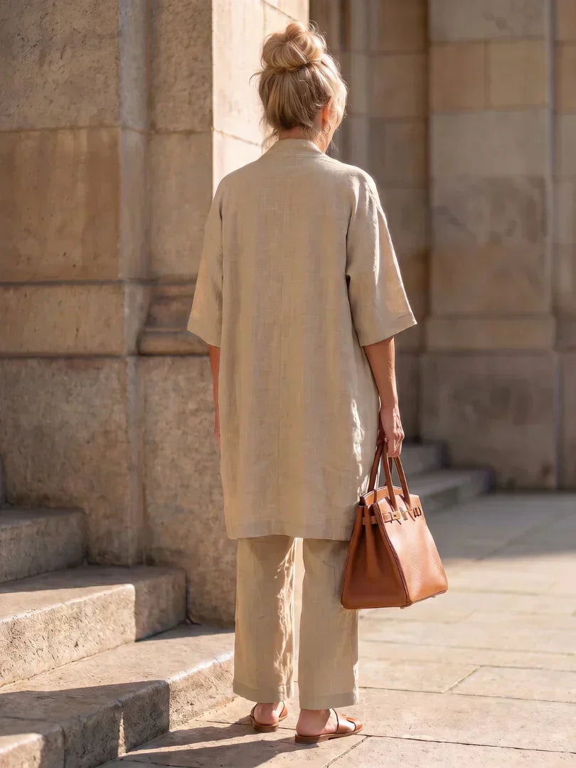 Faevina - Licht damesensemble met kimono, top en broek