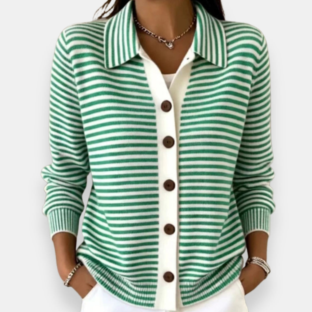 Lauriane - Dames gestreepte cardigan met klassieke kraag en knopen