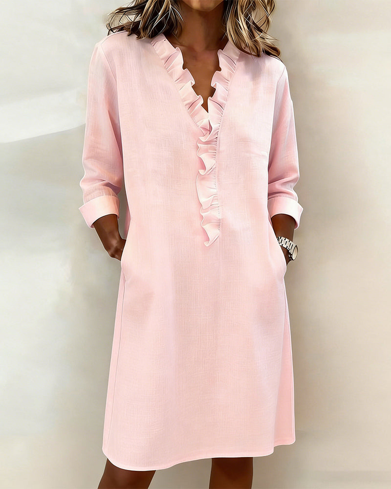 Ophivyn - V-hals jurk voor dames met volant rechte snit casual stijl