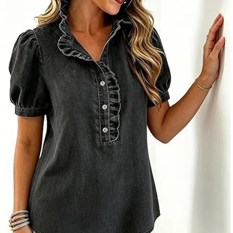 Caelith - Dames denim top met volantkraag