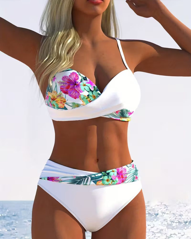 Draxina - Dames bikini met contrasterende bloemenprint en fijne schouderbandjes