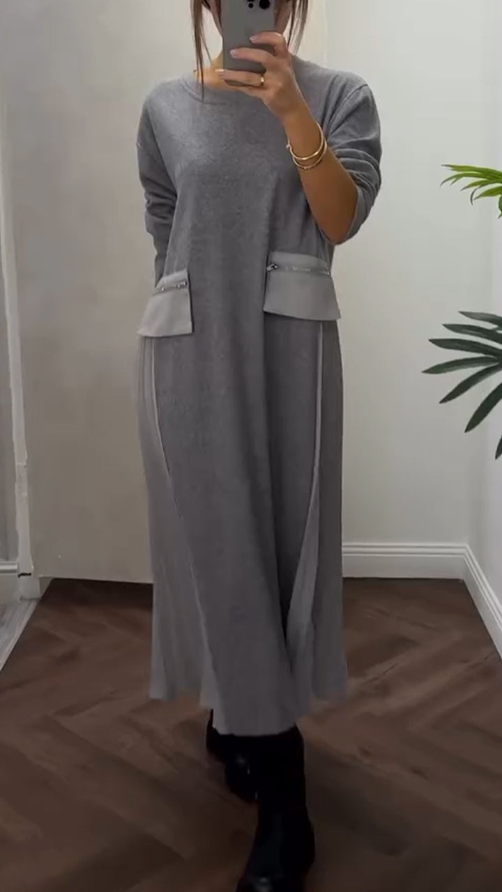 Isenelle - Casual Plissé Jurk met Ronde Hals en Zakken