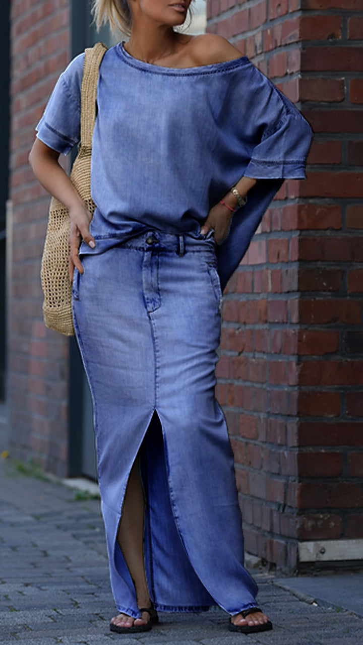 Mireya - Casual damesset in Tencel Denim met ronde halslijn