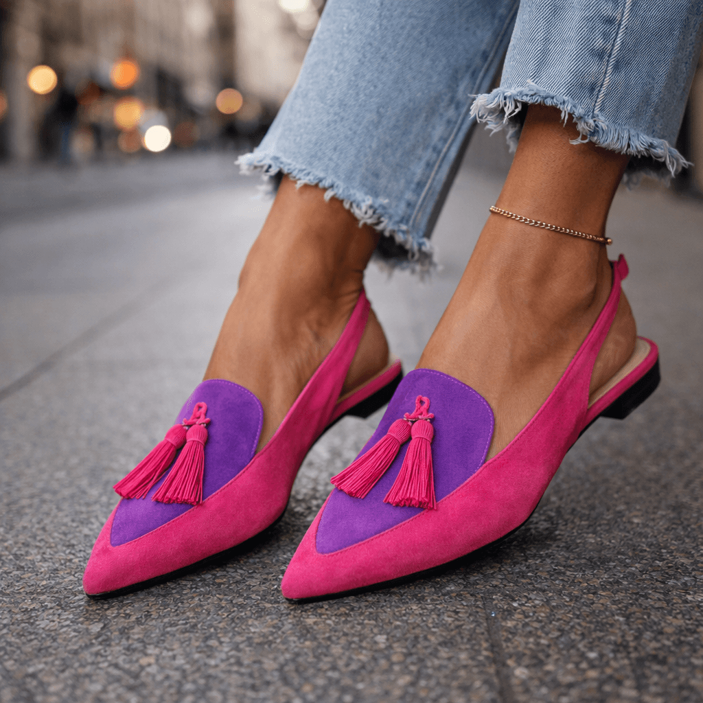 Nexoria - Elegante bicolor damesmules met trendy pompons