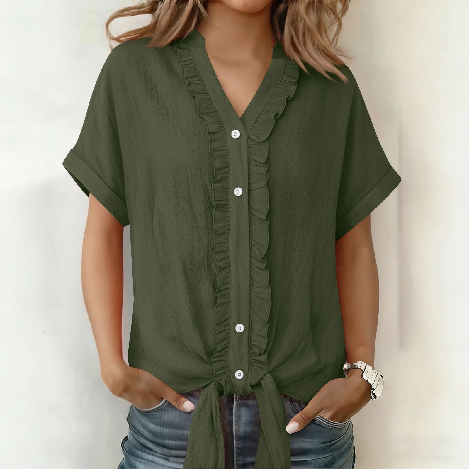 Kalyxa - Dames katoen V-hals kortemouwen blouse zomer