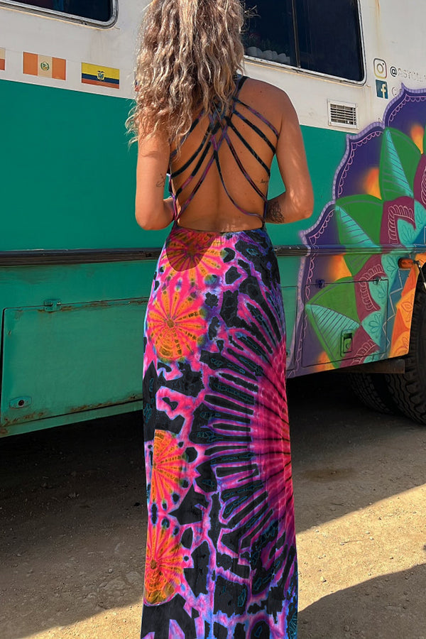 Junaria - Maxi-jurk met tie-dye print, vetersluiting op de rug, stretch (met ingebouwde bh)