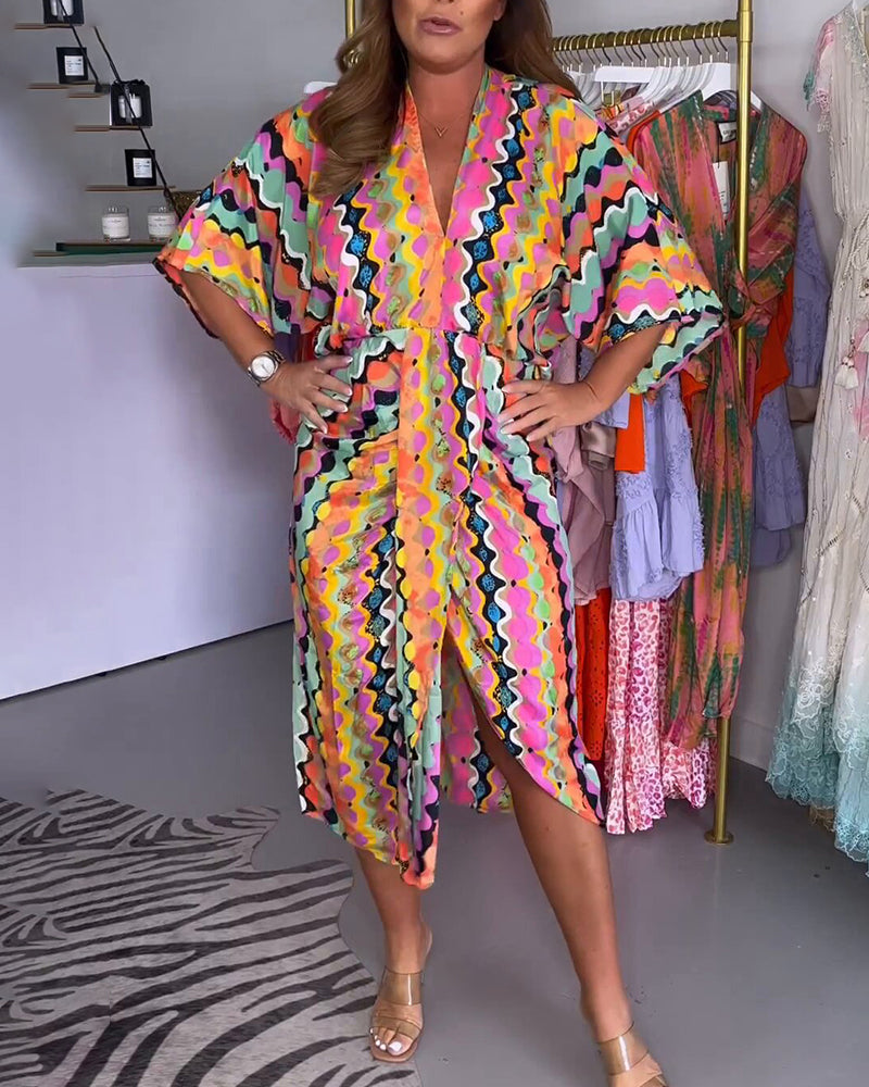Rosaria - Dames Multicolour V-hals Midi Dress