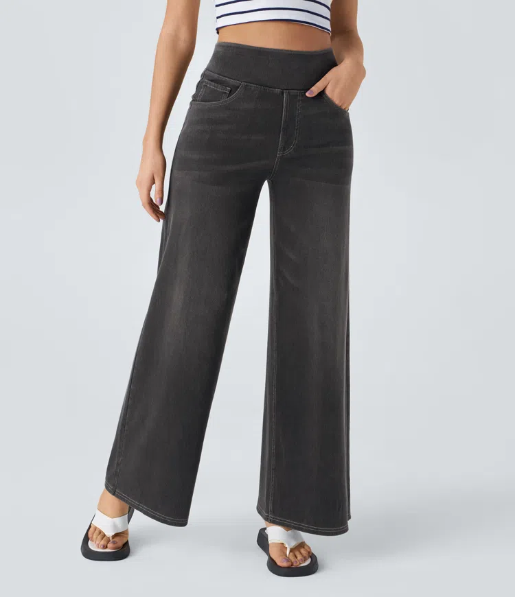 Ruvessa - Dames jeans met hoge taille brede pijpen zeer rekbaar moderne snit