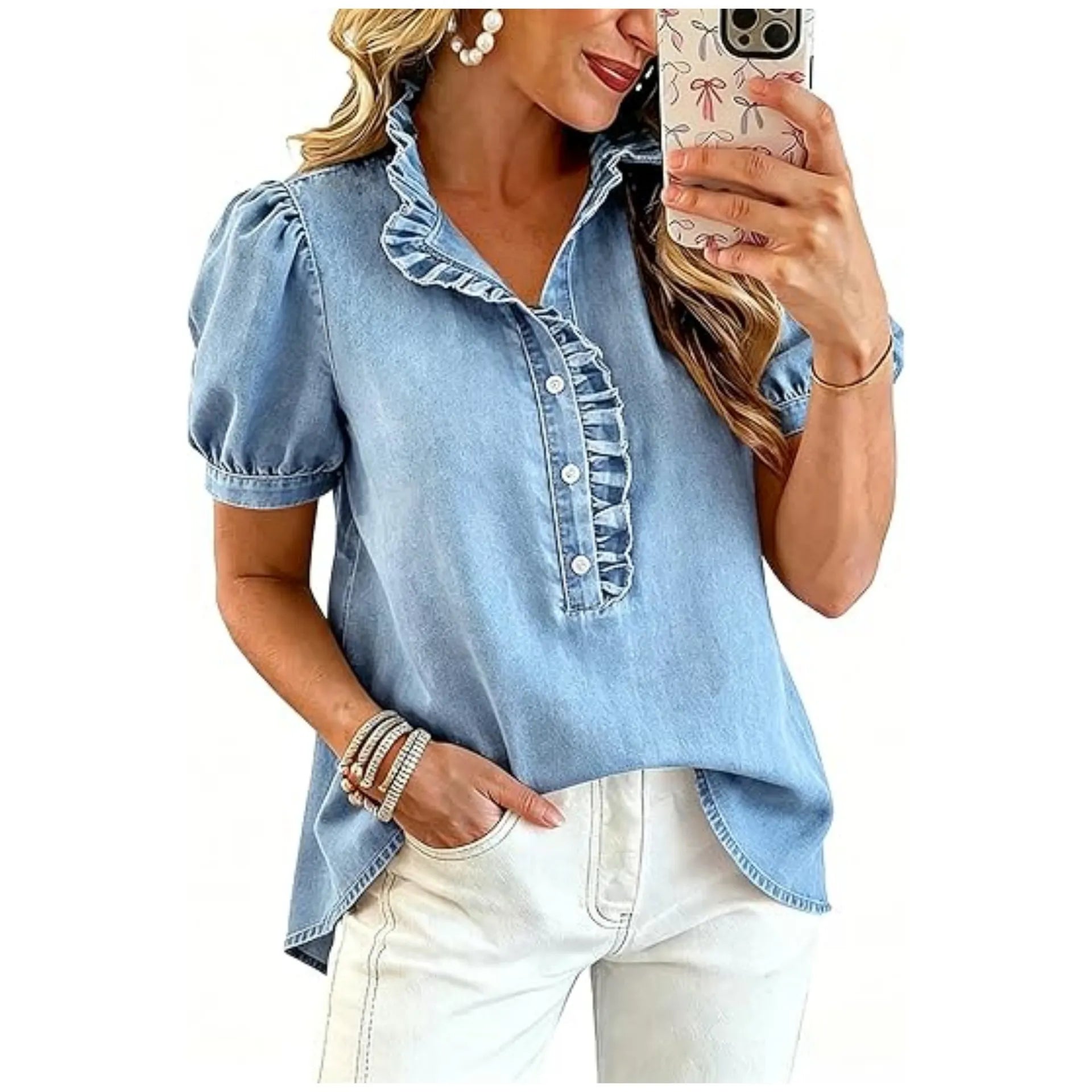 Caelith - Dames denim top met volantkraag