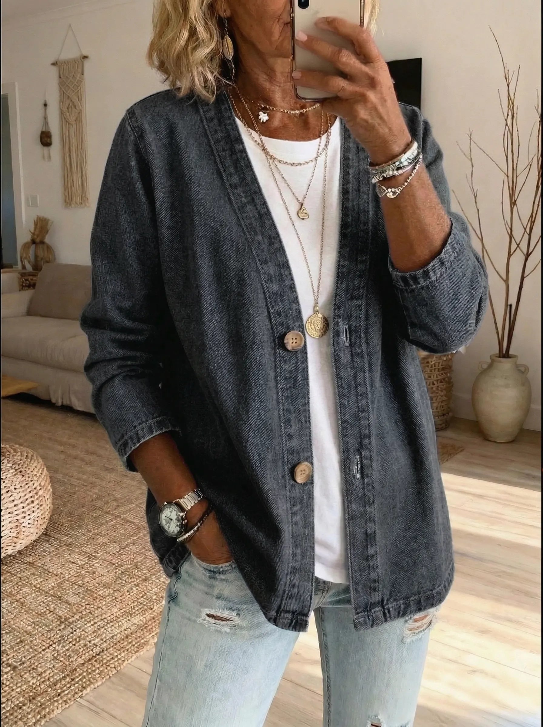 Oryxa - Dames Denim Jas Met Ruime Pasvorm en Knopen Casual Stijl