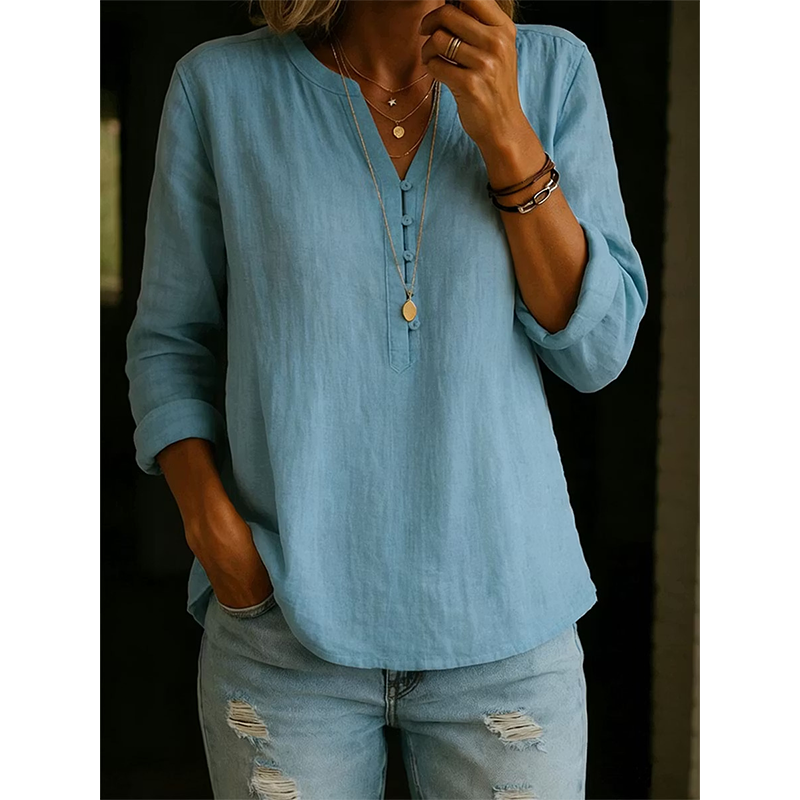 Vaelis - Vrouwelijke losse blouse met V-hals en knopen