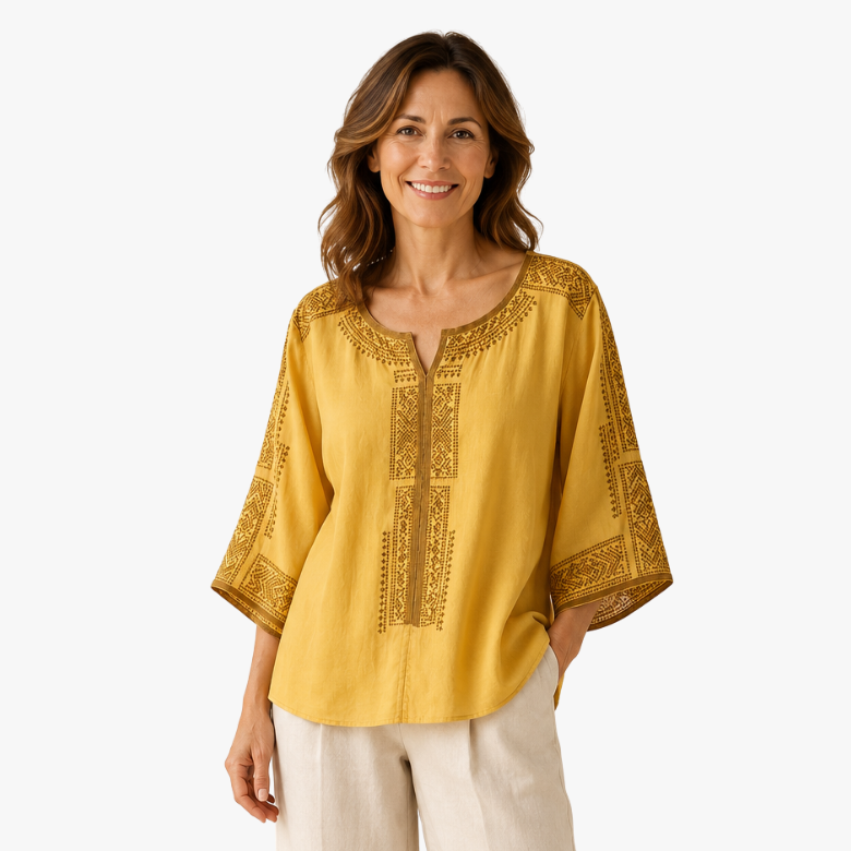 Prune - Damesblouse van geborduurd linnen met driekwartmouwen