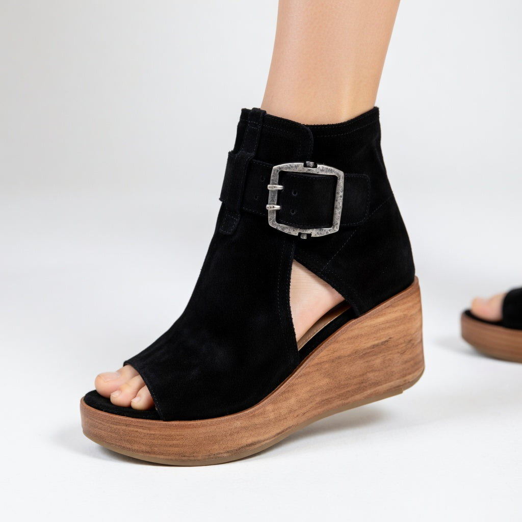 Kalyne - Dames wedge sandalen van suède met open teen en enkelbandje