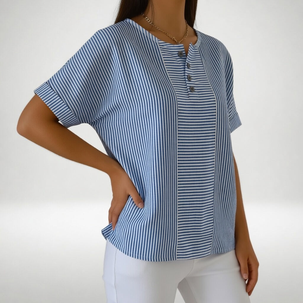 Dovinia - Vrouwenblouse van linnen met korte mouwen gestreept casual voor de zomer