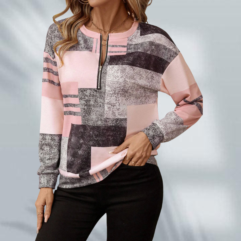 Oralissora - Trui met Geometrisch Patchwork en Halve Rits