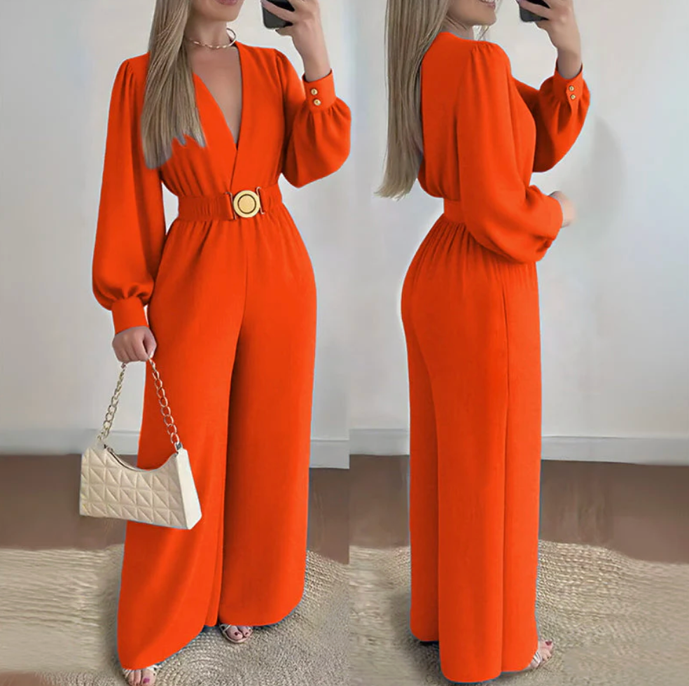 Jorethia - Dames jumpsuit met wijde pijpen V-hals ceintuur en pofmouwen