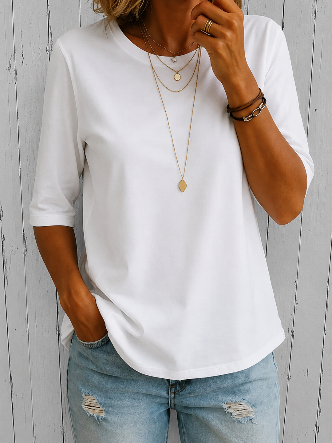 Bérangère - Dames T-shirt met ronde hals en driekwartmouwen