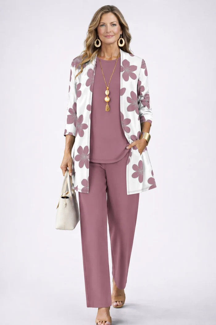 Maxine - Drie-delig damesensemble met elegante bedrukte cardigan