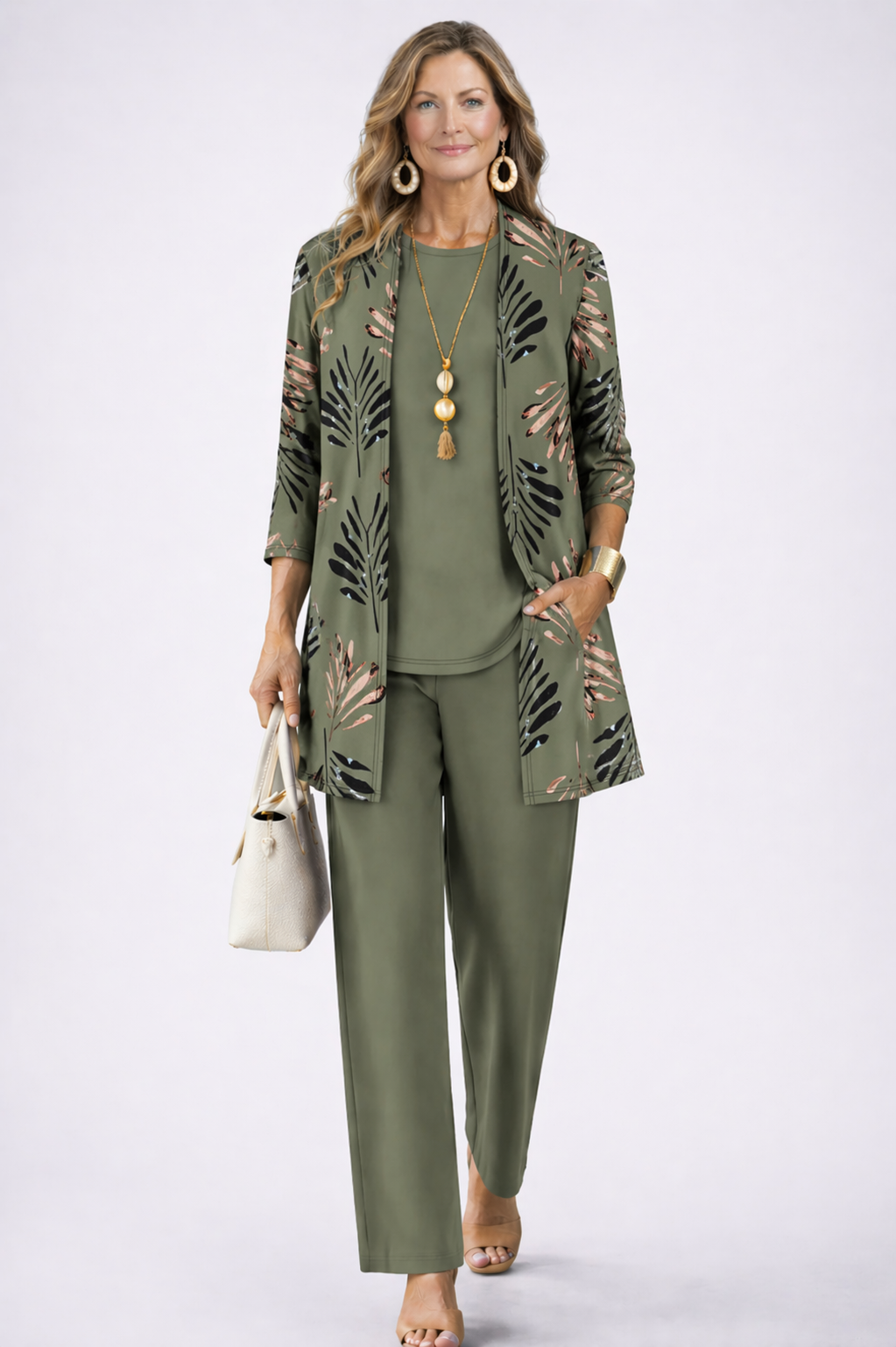 Maxine - Drie-delig damesensemble met elegante bedrukte cardigan