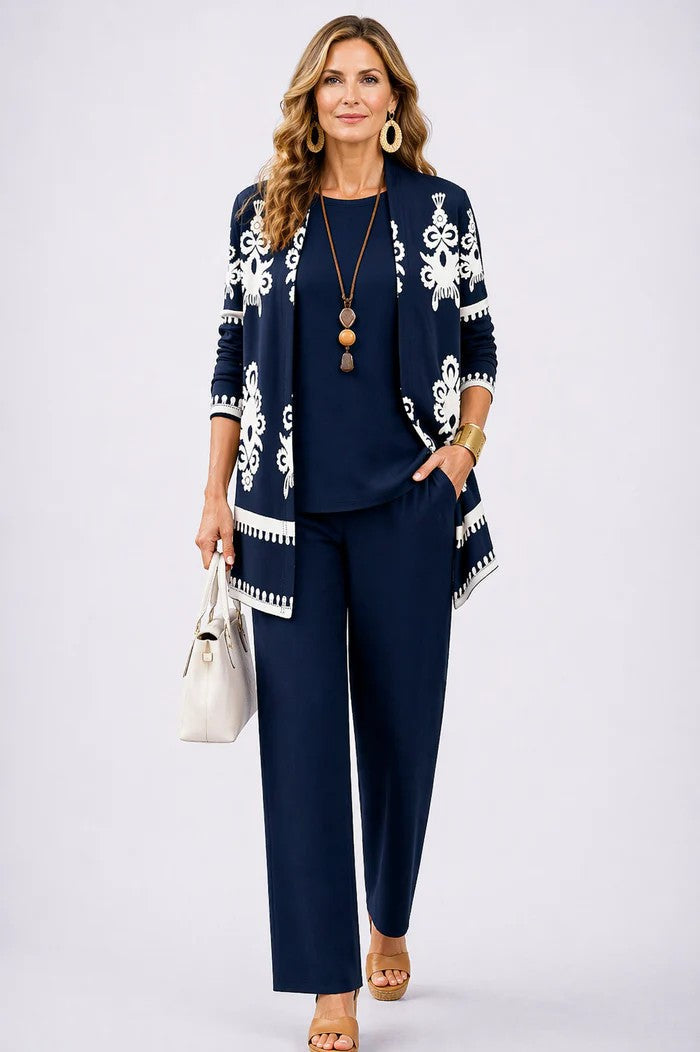 Maxine - Drie-delig damesensemble met elegante bedrukte cardigan