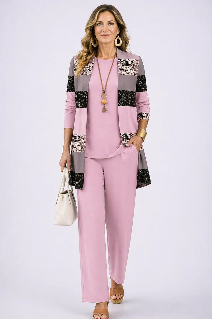 Maxine - Drie-delig damesensemble met elegante bedrukte cardigan