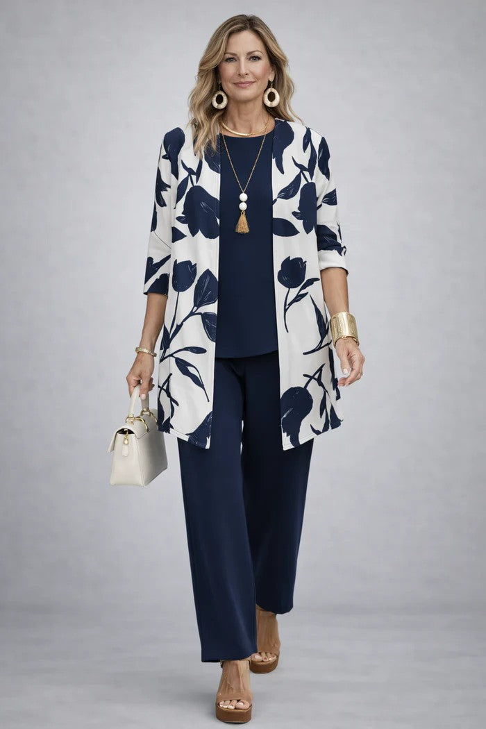 Maxine - Drie-delig damesensemble met elegante bedrukte cardigan