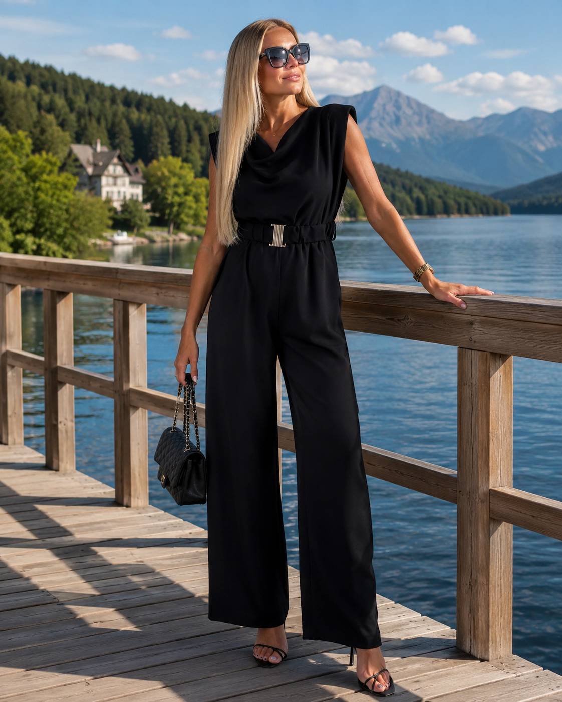 Briova - Dames jumpsuit zonder mouwen met gedrapeerde decolleté