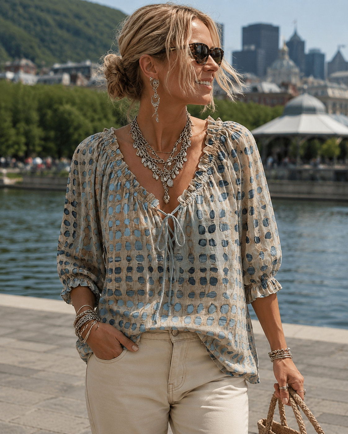 Mireva - Damesblouse met stippen en V-hals met verstelbare strik