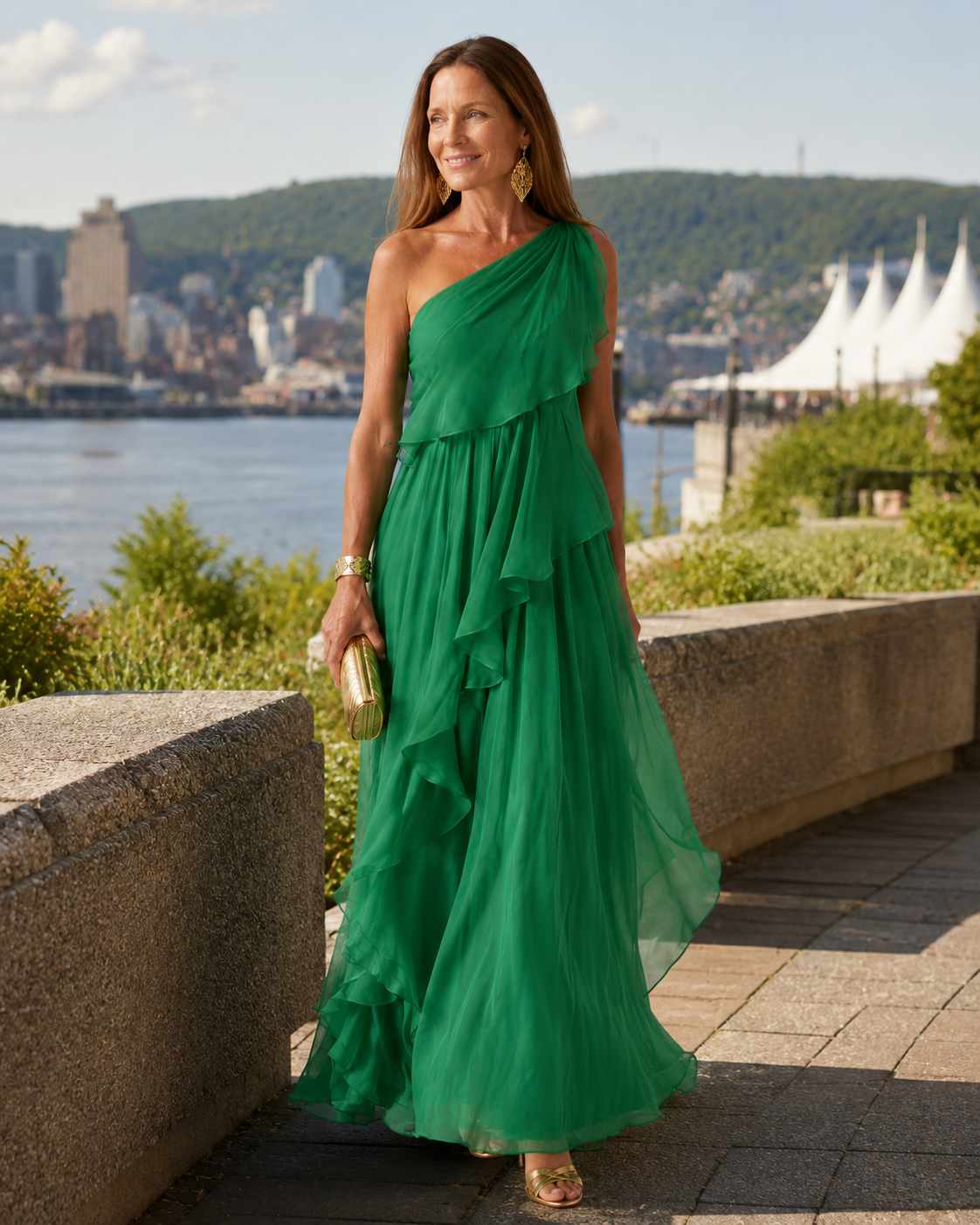 Zeline - Asymmetrische maxi-jurk in groene met volants