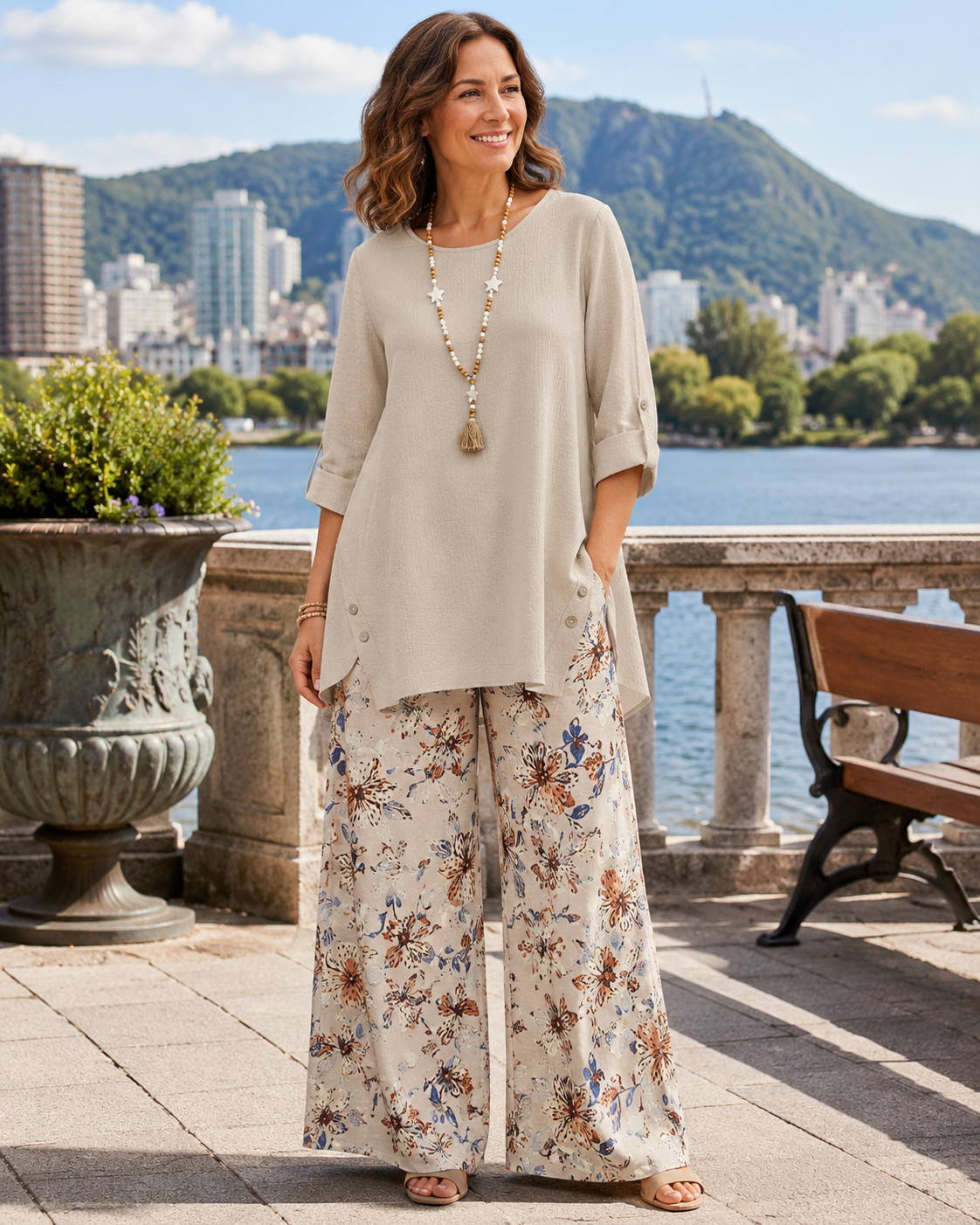 Lorenae - Vrouwen set van katoen-linnen met tuniek en bloemenbroek | Perfect voor de zomer én het najaar!