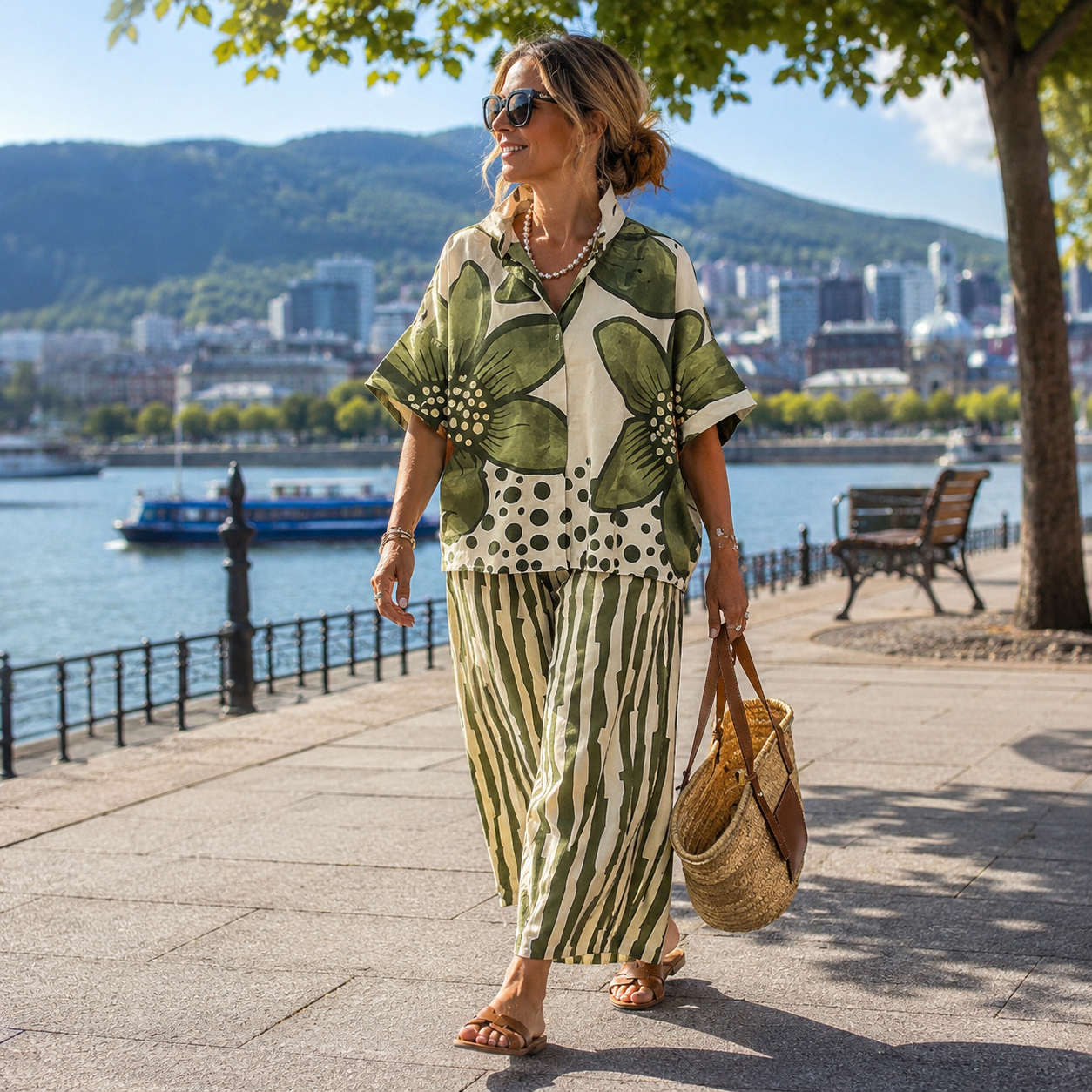 Celitha - Dames ensemble met botanische print en brede broek