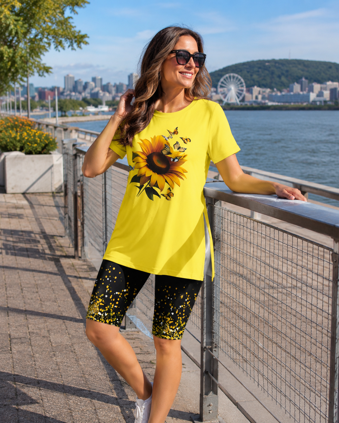 Evorielle - Dames set lange tuniek met zonnebloemprint en bijpassende short