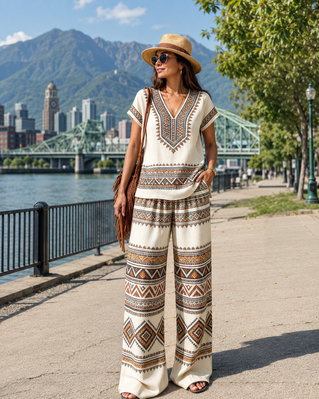 Rynessa - Boho dames ensemble met gedrukte top en brede broek