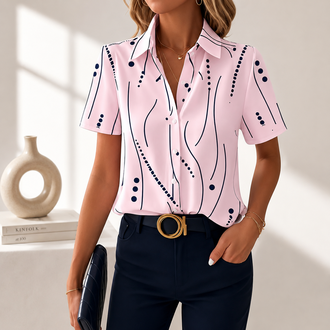 Talyria - Damesblouse in blauw met abstracte print en korte mouwen