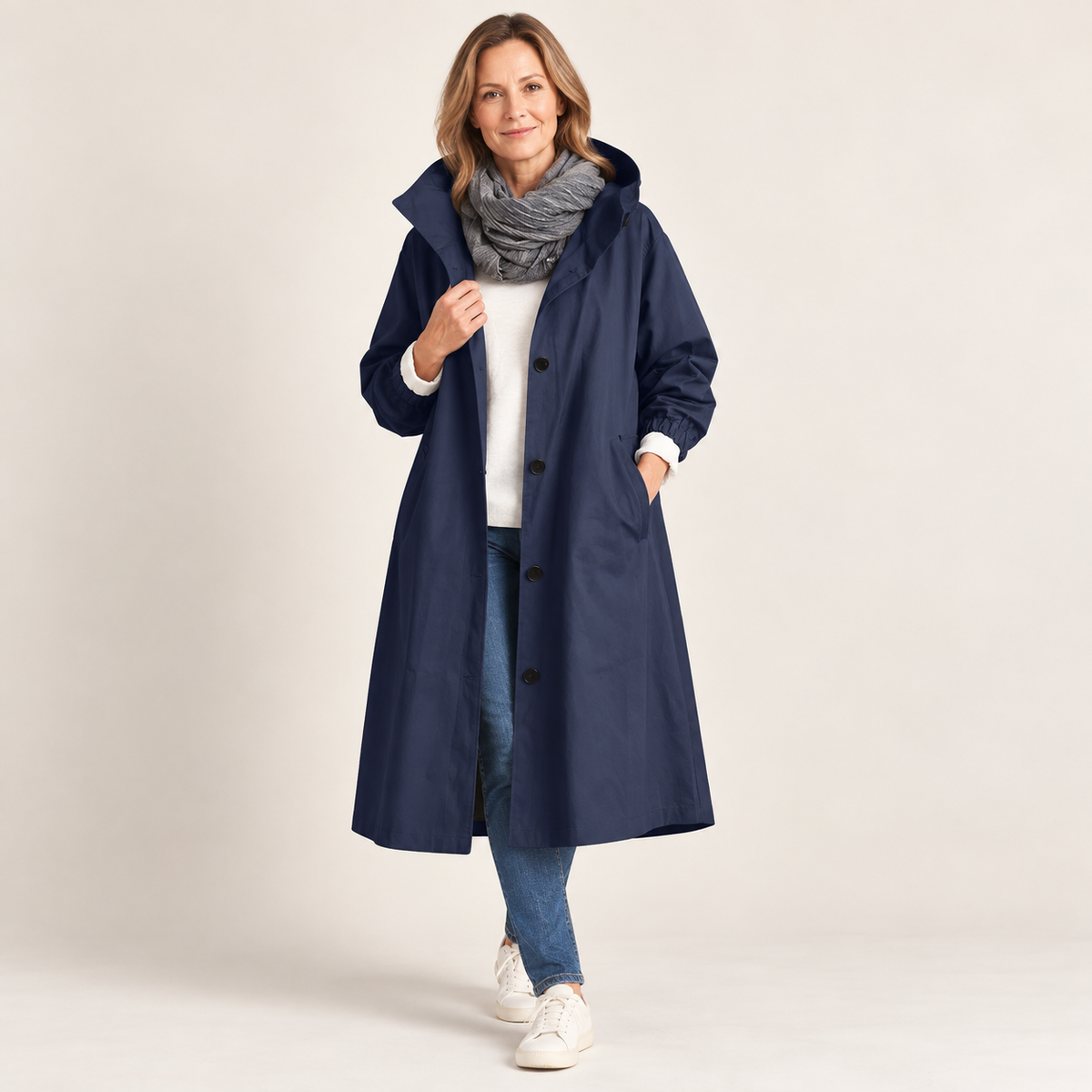 Bregtje - Lange trenchcoat voor dames met capuchon en knopen, met zakken