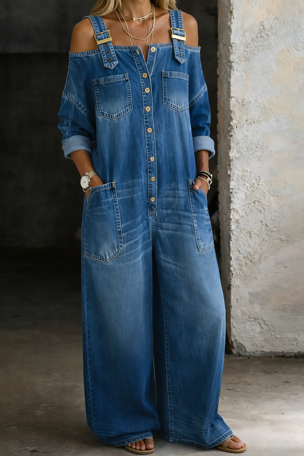 Aurexa - Dames Denim Jumpsuit Met Ontblote Schouders, Elegante Ruime Pasvorm