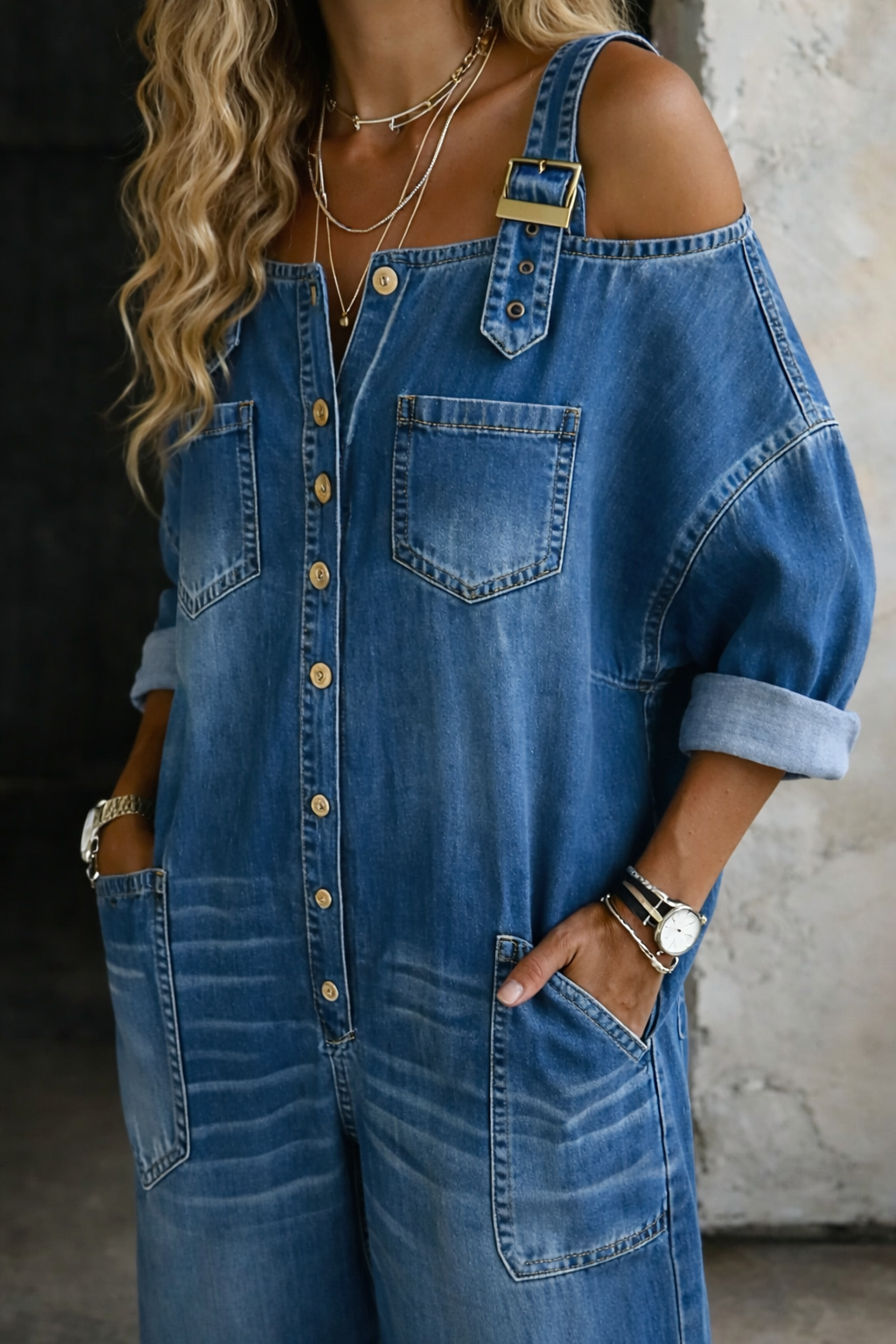 Aurexa - Dames Denim Jumpsuit Met Ontblote Schouders, Elegante Ruime Pasvorm