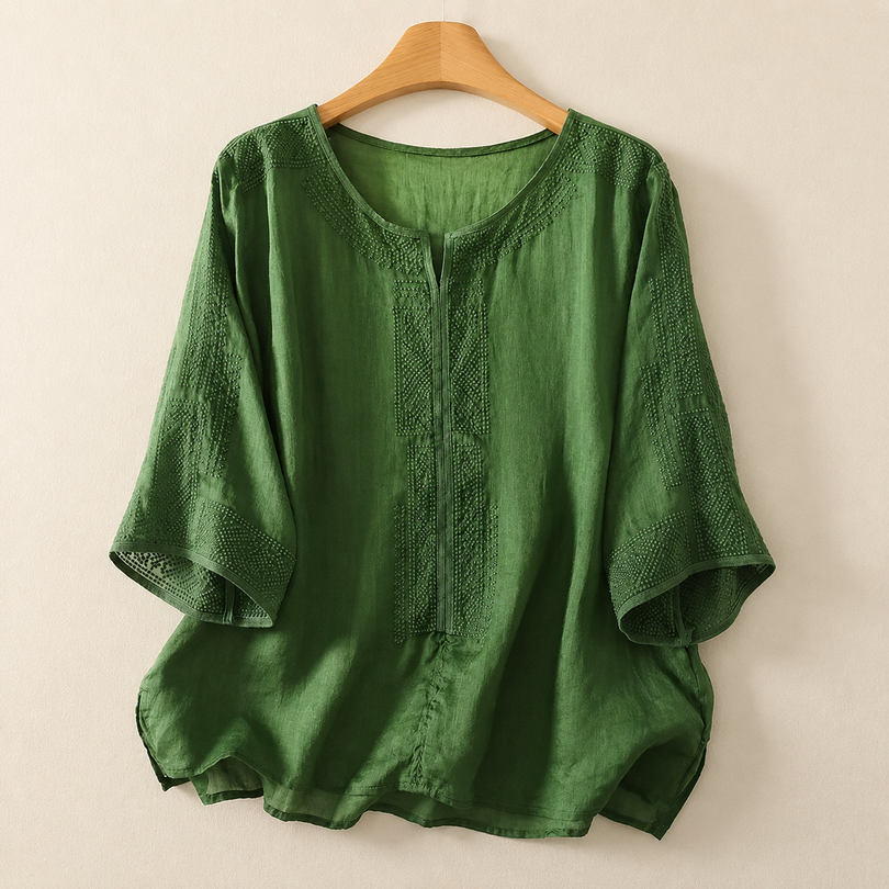 Prune - Damesblouse van geborduurd linnen met driekwartmouwen