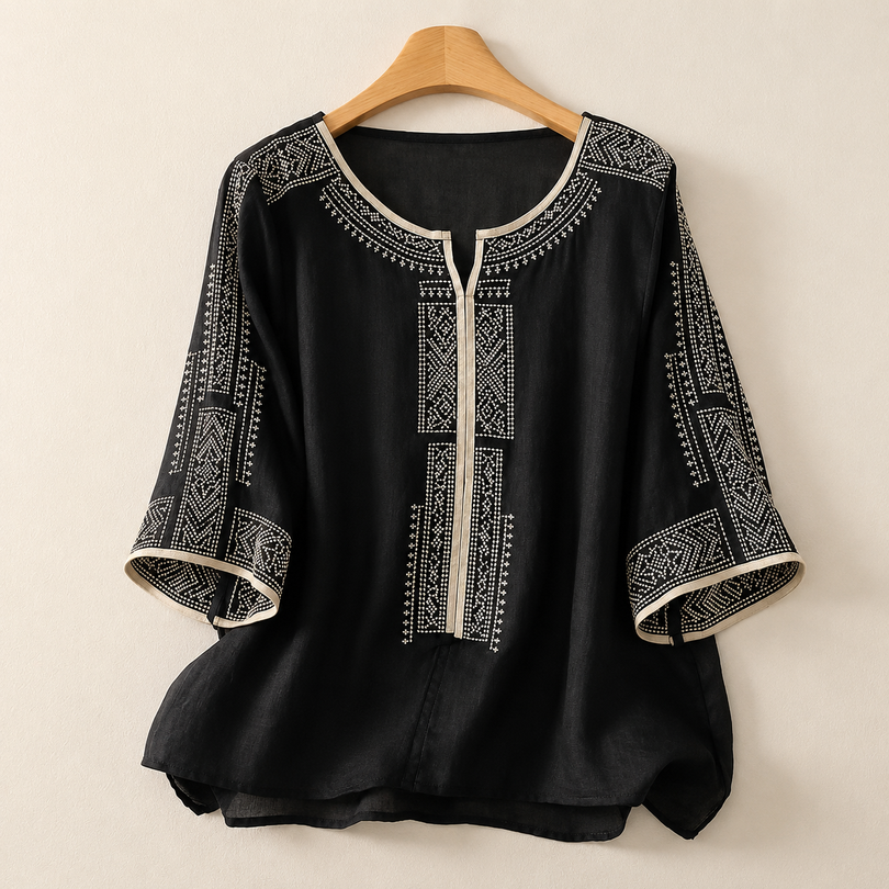 Prune - Damesblouse van geborduurd linnen met driekwartmouwen