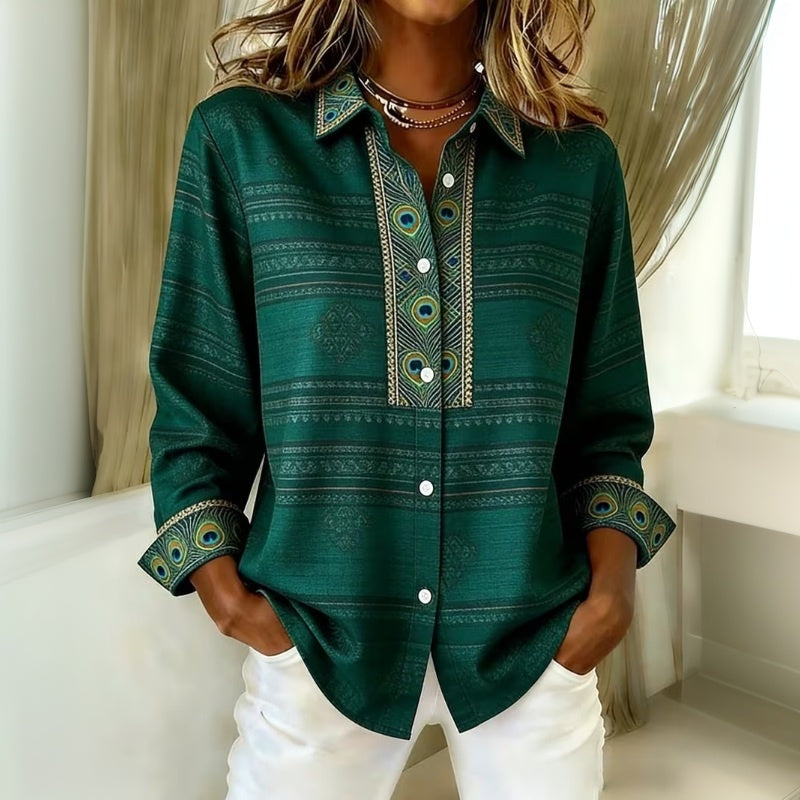 Candice - Damesblouse met pauwenveerprint en knoopsluiting