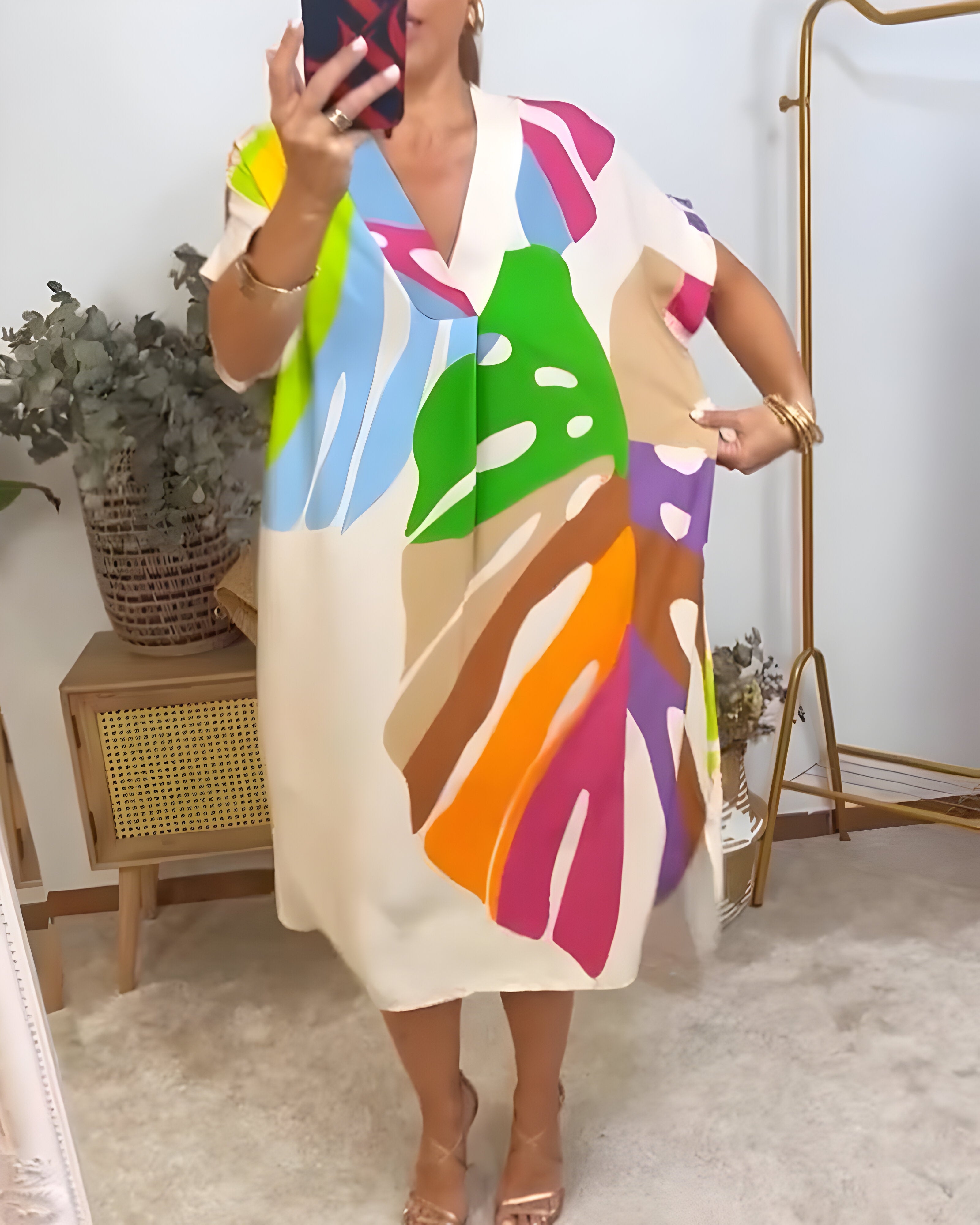 Nerissa - Casual jurk met kleurrijke bladprint voor een frisse en natuurlijke stijl