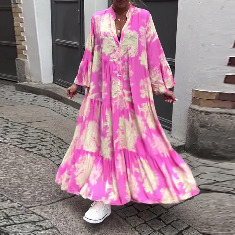 Greta - Losvallende Patchworkjurk met V-hals en Klokmouwen met Print