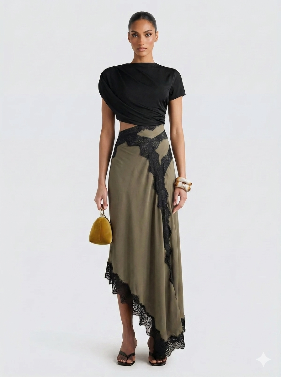 Griselune - Damesoutfit met asymmetrische zwarte top en elegante maxi-lace rok