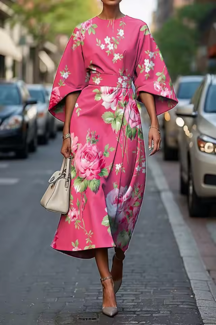 Havirelle - Elegante midi bloemenjurk voor dames met vloeiende mouwen en artistieke print