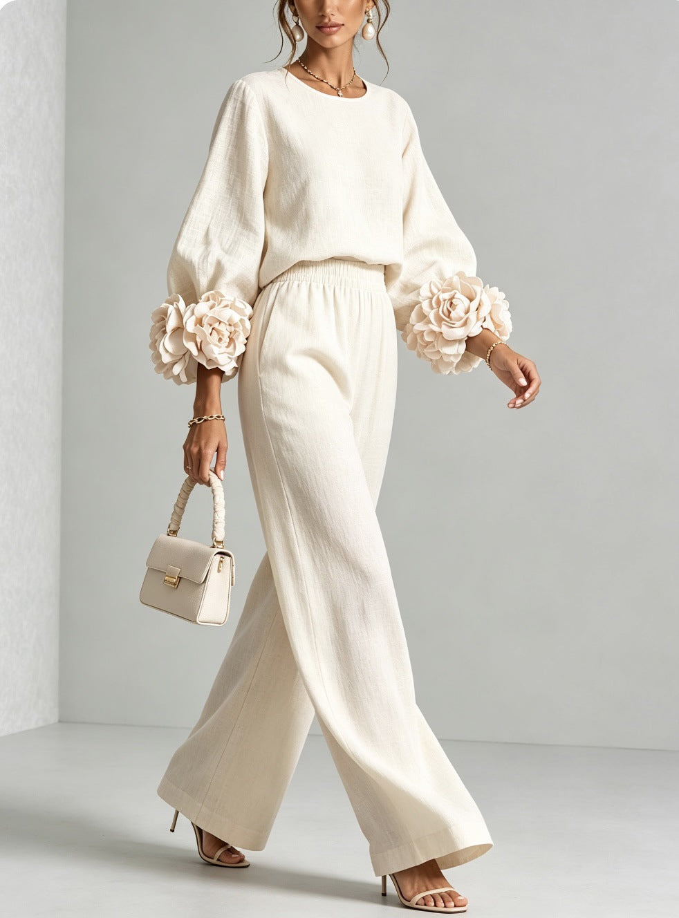 Marloes - Vrouwen tweedelig ensemble met elegante bloemenmouwen