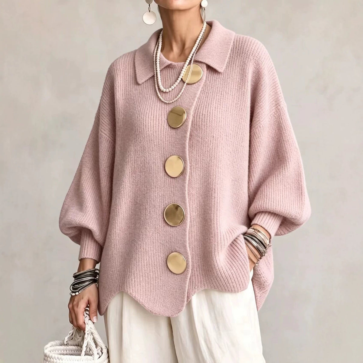Daniëlle - Dames oversized cardigan met knoopkraag in ribbrei